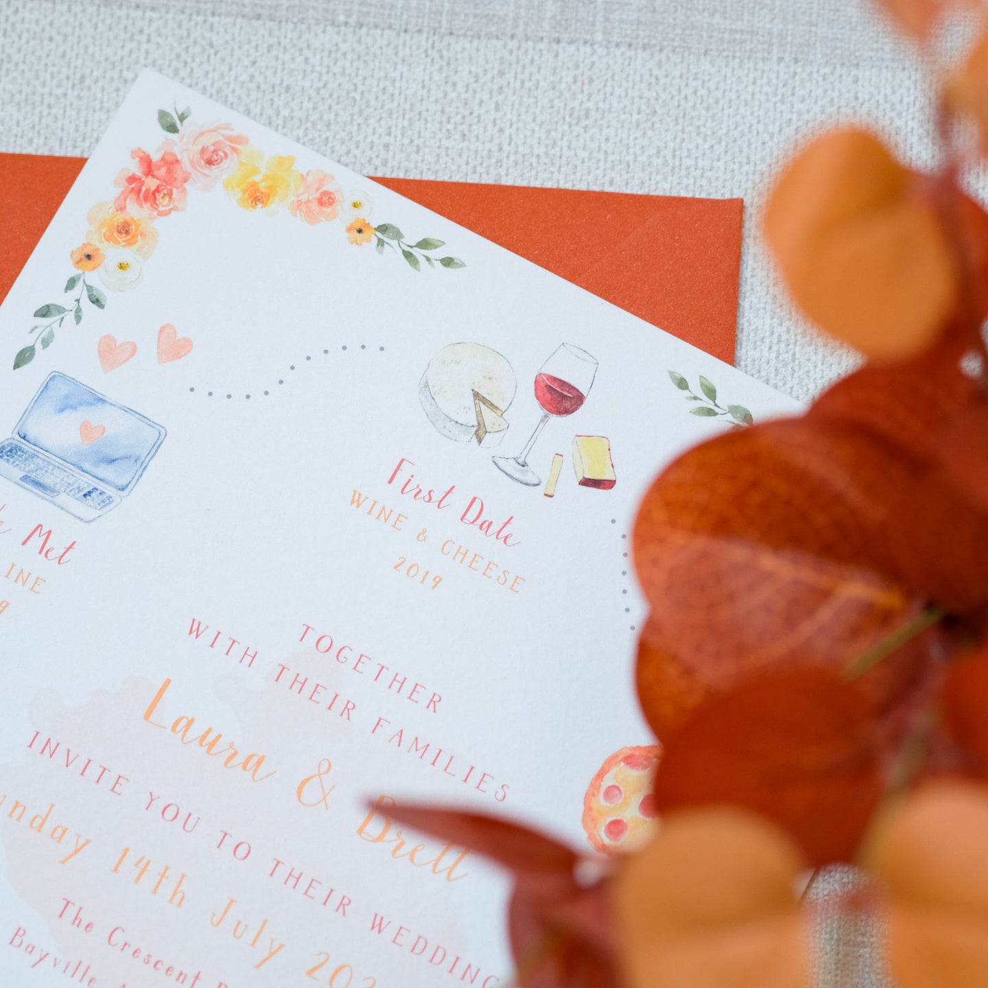Truly bespoke wedding invitations with orange theme tells the story of your relationship with custom illustrations of key moments